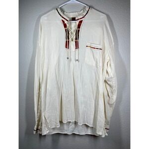 Lobos Del Mar Cream Textured Lace Up Woven Trim Long Sleeve Tunic Shirt XXXL